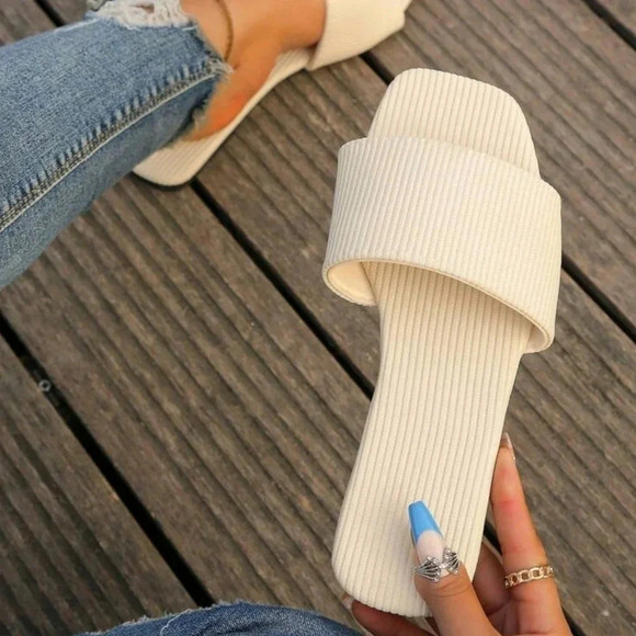 Elegant Beige Sandals For Women, Minimalist Single Band Slide Sandals - Picture 1 of 6